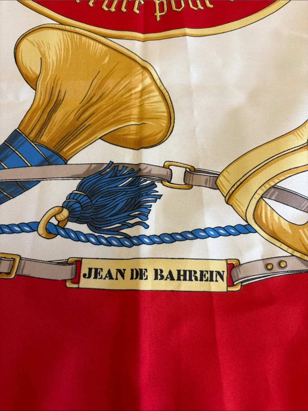 Vintage Jean de Bahrein Classic Equestrian Horse Print Square Scarf Red Border